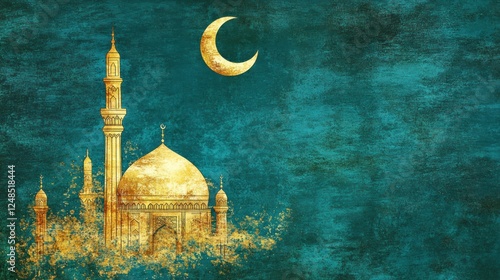 Golden Mosque Under Crescent Moon Night Sky photo