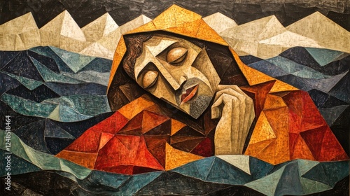 Abstract Cubist Painting Of A Man In The Water