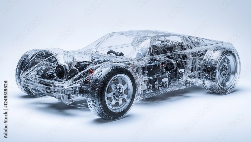 Naklejka premium Exploring Transparent Car: Unveiling Internal Mechanisms with Detailed 3D Model, Showcasing Engineering Marvels.
