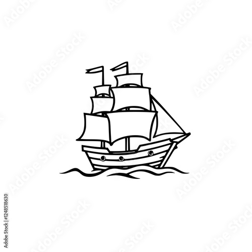 Detailed black and white illustration of a sailing ship, sailing on the sea.