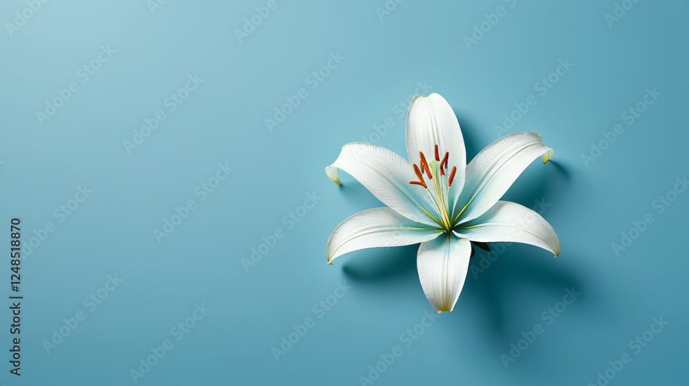 Fototapeta premium Single white lily flower on a soft blue background with copy space