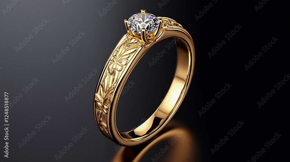A gold engagement ring with a diamond on a black background A gold engagement ring with a diamond on a black background