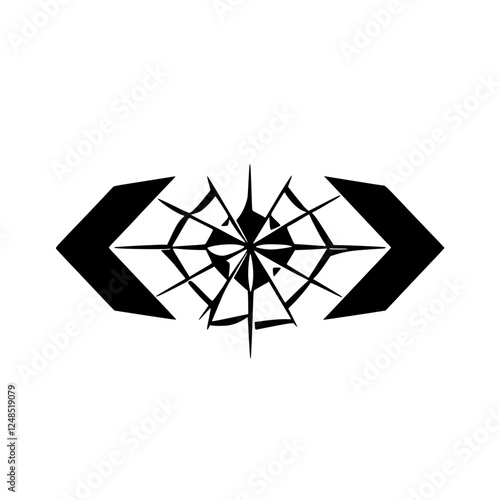 Symbolic geometric illustration of a black and white design resembling a spiderweb with opposing arrows.