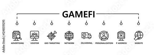 Gamefi banner web icon vector illustration concept with icon of defi, white paper, play to earn, digital token, nft, blockchain, pool rewards and staking