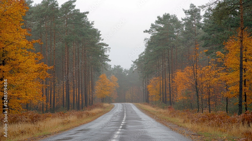 Obraz premium Autumnal Road Through a Misty Forest: A Serene Journey into Nature's Embrace