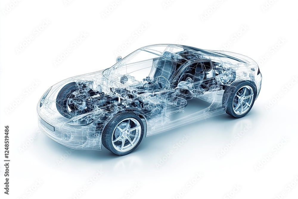 Explore a Car's Internal Design: Chassis, Engine, and Components Shown in Wireframe 3D Model Explore a Car's Internal Design: Chassis, Engine, and Components Shown in Wireframe 3D Model