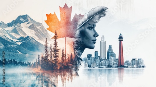 Double exposure art of Canadian landscape and city skyline with woman's face, symbolic maple leaf, mountains, forest, and urban architecture photo