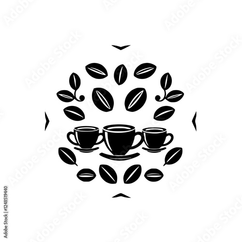 Symmetrical coffee icon composed of three cups and beans arranged in a circle.