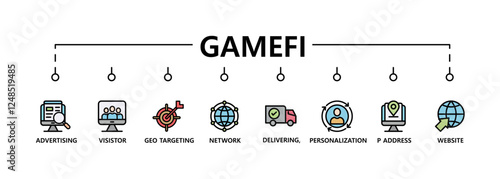 Gamefi banner web icon vector illustration concept with icon of defi, white paper, play to earn, digital token, nft, blockchain, pool rewards and staking