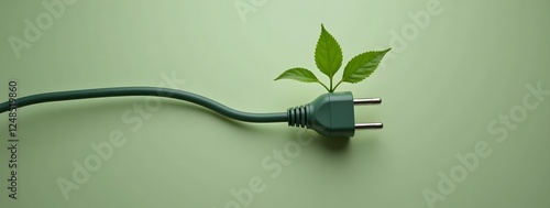Green energy concept with leaf and electrical plug on green background