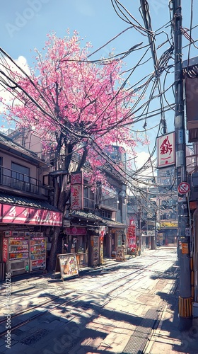 Cherry blossom street scene; Japanese town; sunny day; urban setting; photorealistic illustration; background use photo