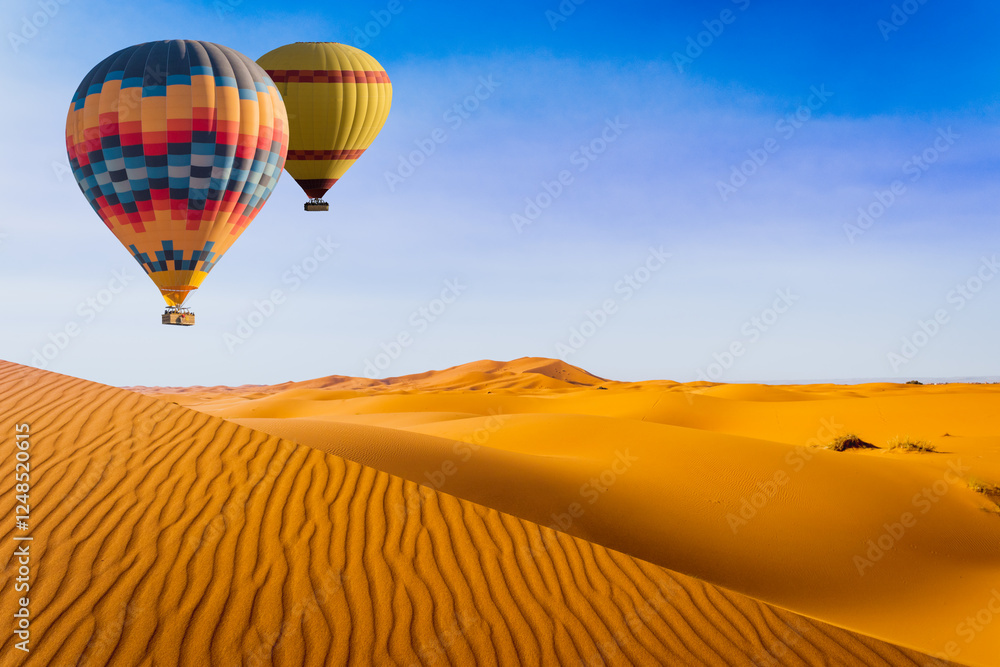Desert and hot air balloon Landscape at Sunrise. Travel, inspiration, success, dream, flight concept Desert and hot air balloon Landscape at Sunrise. Travel, inspiration, success, dream, flight concept
