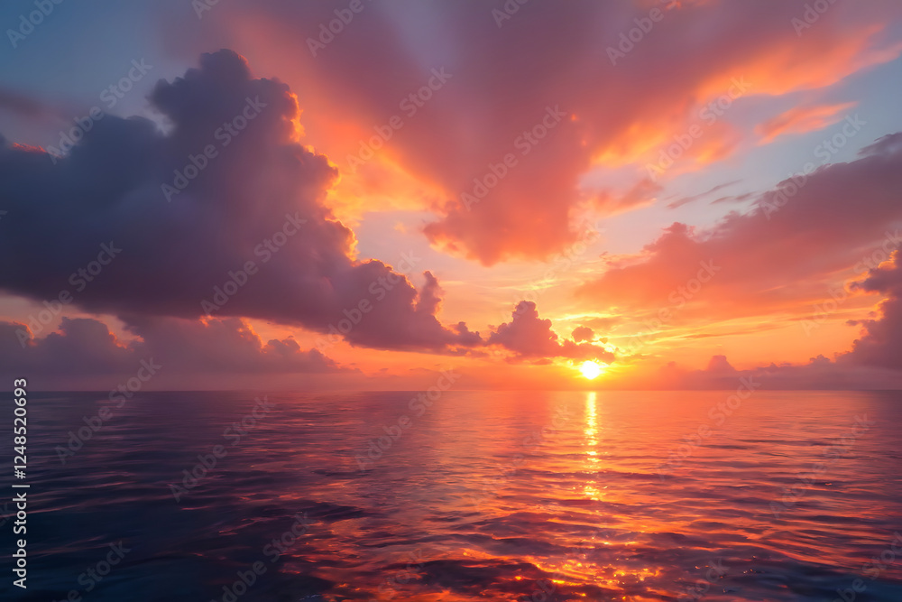 The sun dips below the horizon, igniting the clouds with a symphony of warm colors. The sun dips below the horizon, igniting the clouds with a symphony of warm colors.