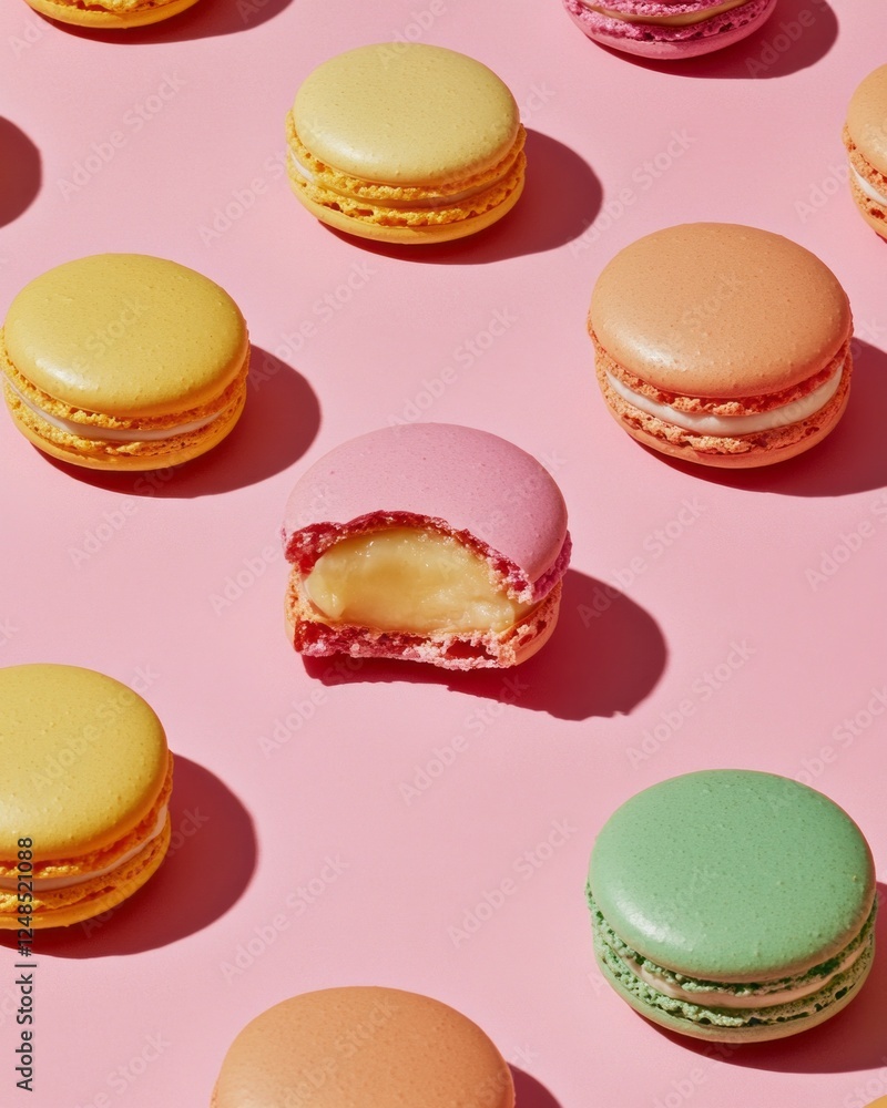 A delightful arrangement of macarons in various pastel shades adorns a playful pink surface. With one treat revealed, the rich filling calls out to dessert lovers, inviting indulgence A delightful arrangement of macarons in various pastel shades adorns a playful pink surface. With one treat revealed, the rich filling calls out to dessert lovers, inviting indulgence