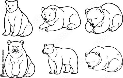Majestic Bear Line Art Minimalist Vector Illustration of Bears in Various Poses.