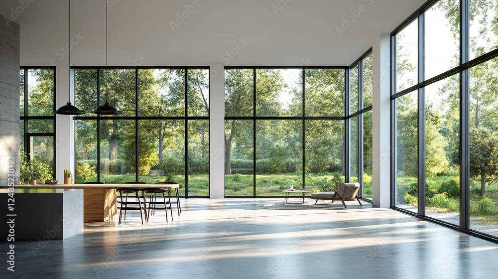 Fototapeta premium abstract white architecture empty room with windows and concrete floor 3d render illustration
