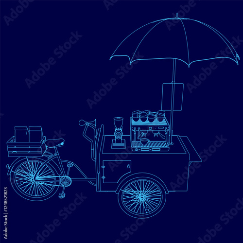 A blue drawing of a food cart with an umbrella over it. The cart is on a bicycle and has a sign that says "coffee"