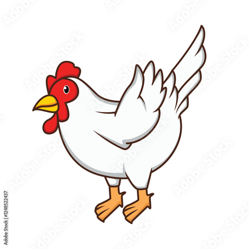 Cartoon illustration of a chicken waving its wings like it's calling out to you