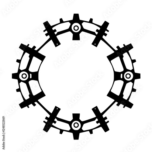 Concentric gears: Minimalist black gear mechanism. Illustration of gears with radial symmetry.