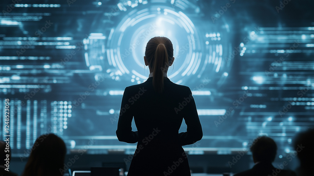 Futuristic Presentation: Businesswoman Engaging the Audience with Cutting-Edge Data Projections Futuristic Presentation: Businesswoman Engaging the Audience with Cutting-Edge Data Projections