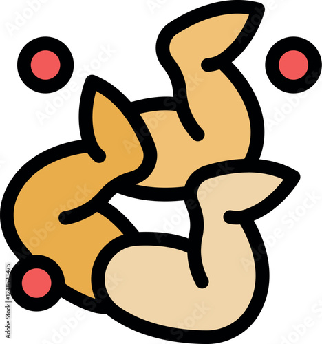 Two cooked shrimps ready to be eaten, with three red peppercorns floating around them