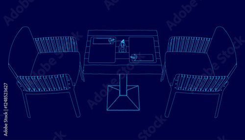 Two chairs and a table, all of which are blue. The chairs are positioned in front of the table, which is also blue. The chairs and table are arranged in a way that creates a sense of balance