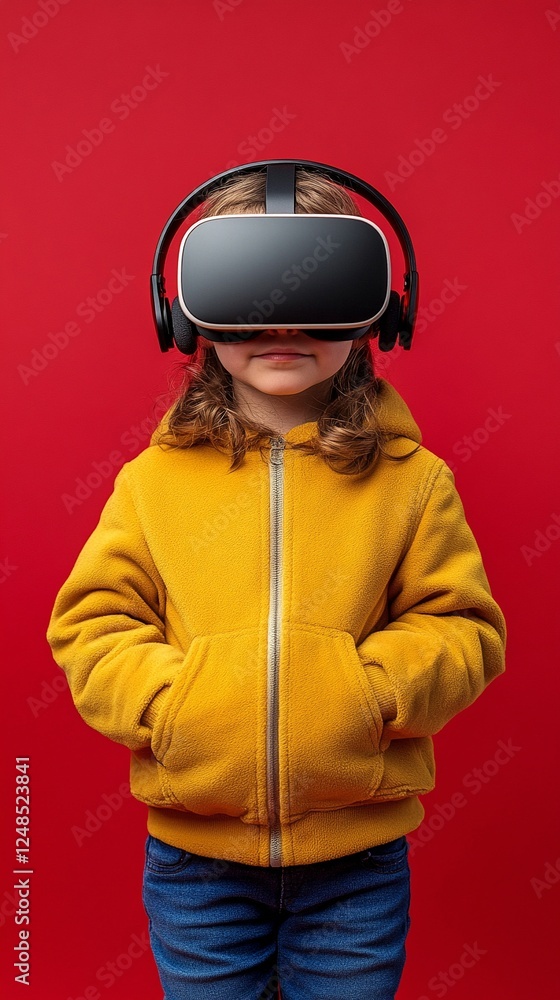 A child using a VR headset on a red background A child using a VR headset on a red background