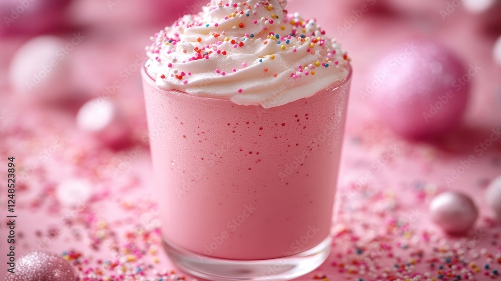 Pink milkshake, festive sprinkles, holiday backdrop Pink milkshake, festive sprinkles, holiday backdrop