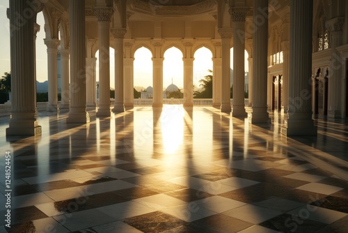 Grand colonnaded hall, sunlit interior, architectural detail, distant landscape photo