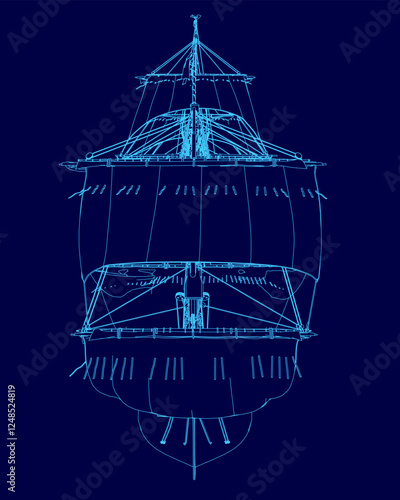 A blue drawing of a ship with a blue background. The ship is shown from front