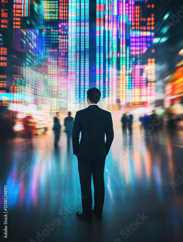 Wallpaper Mural A businessman in a black suit standing in front of a massive stock market ticker screen with an economy graph Torontodigital.ca