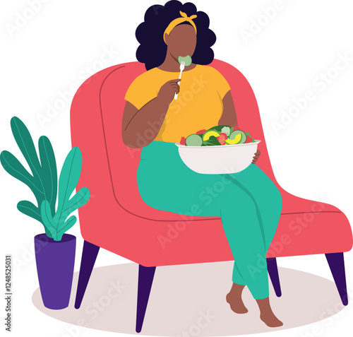 One Overweight Black Woman Sitting On Couch Eating A Healthy Fresh Salad With Vegetables And Fruits.