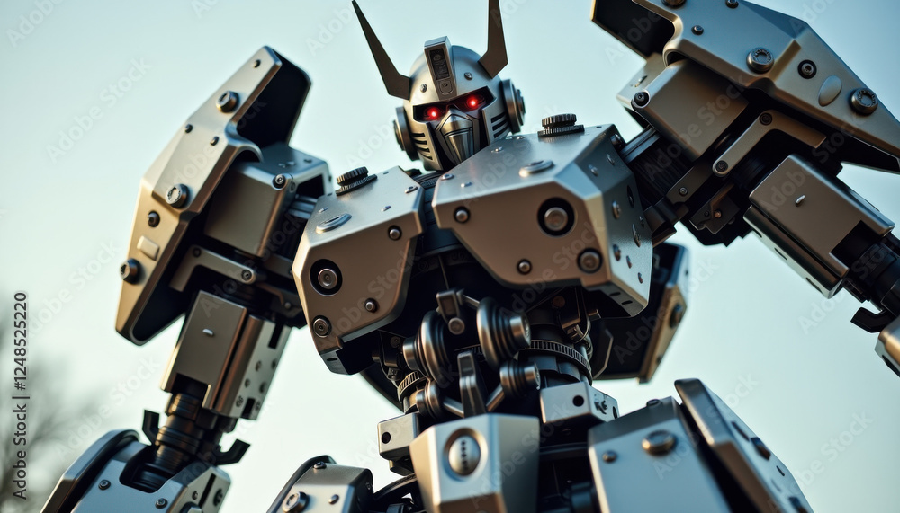 Powerful robotic warrior with striking features and glowing red eyes against a clear sky Powerful robotic warrior with striking features and glowing red eyes against a clear sky