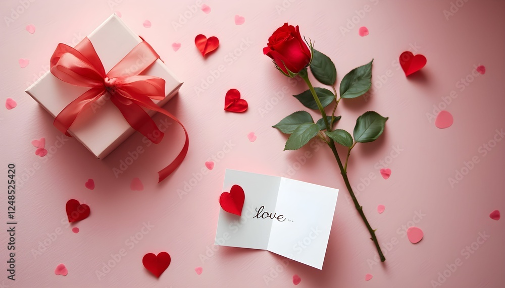 Romantic surprise with a beautiful rose, heartfelt note, and a lovely gift box adorned with a ribbon, perfect for celebrating love on Valentine's Day. Generative AI Romantic surprise with a beautiful rose, heartfelt note, and a lovely gift box adorned with a ribbon, perfect for celebrating love on Valentine's Day. Generative AI