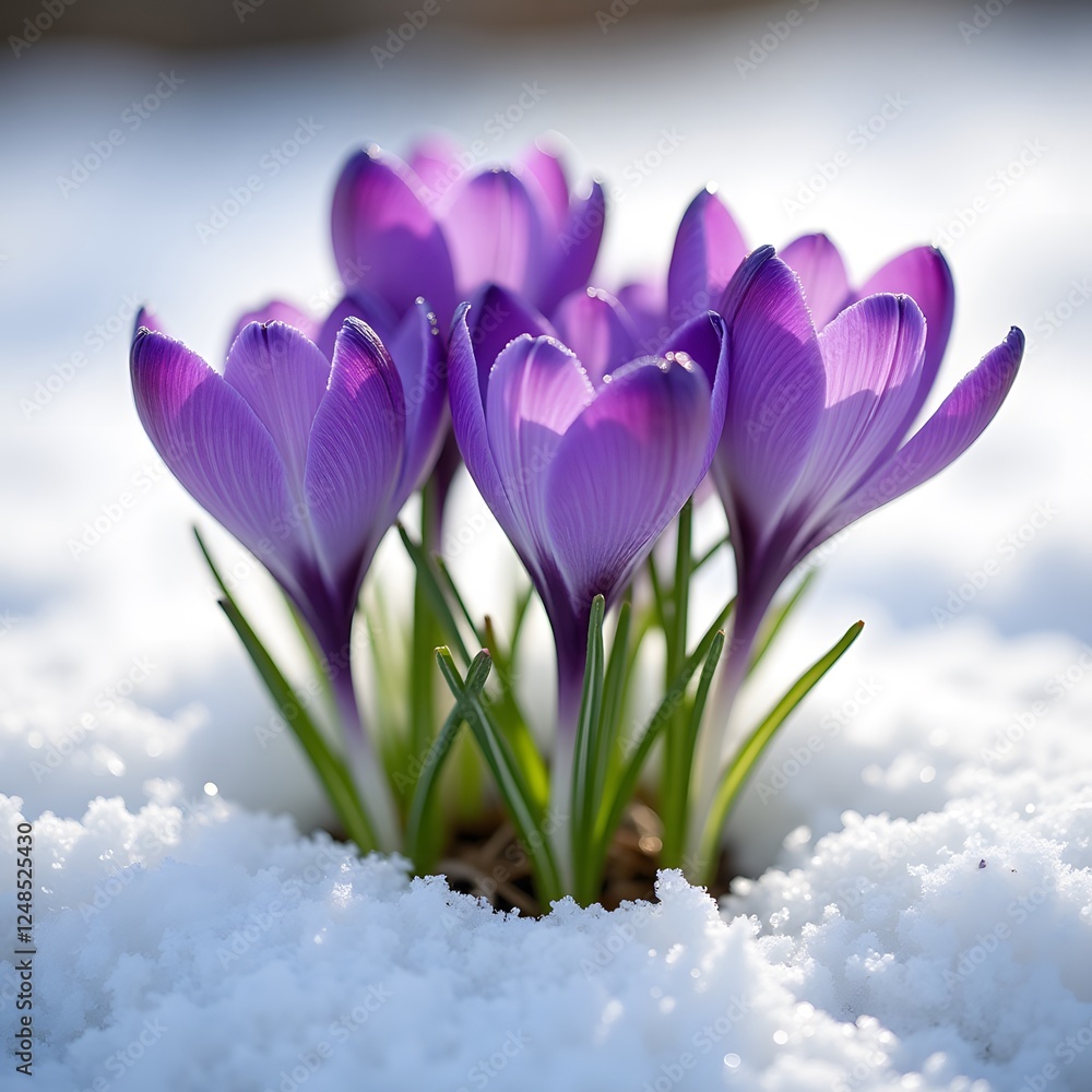 Naklejka premium Vibrant purple crocus blooms emerging through snow in early spring sunlight