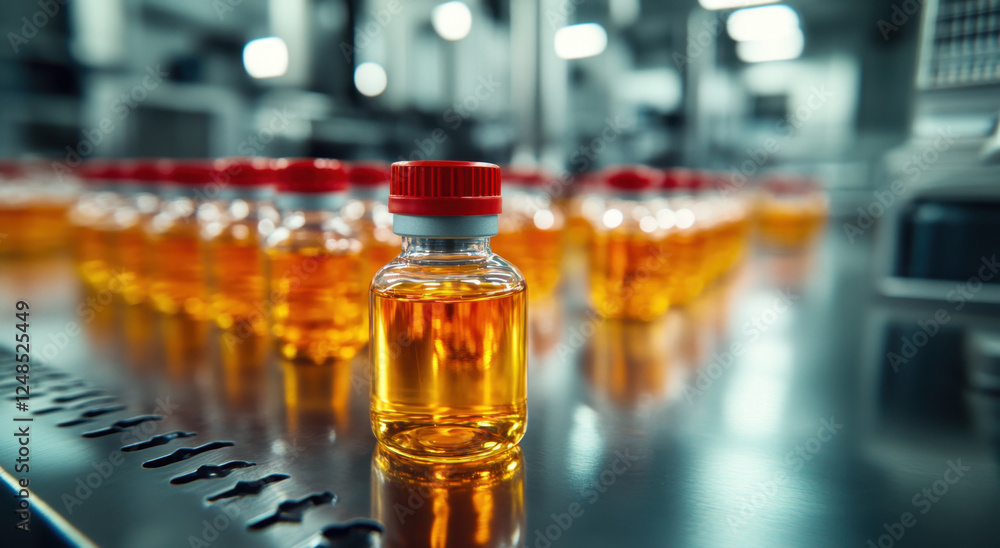 Small glass vials filled with a bright liquid are arranged on a metallic surface in a laboratory, showcasing their clarity and color Small glass vials filled with a bright liquid are arranged on a metallic surface in a laboratory, showcasing their clarity and color
