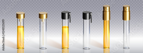 Perfume tester vials set isolated on transparent background. Vector realistic illustration of small glass fragrance bottles, empty and with liquid inside, cosmetic product container, 3d scent ampoule