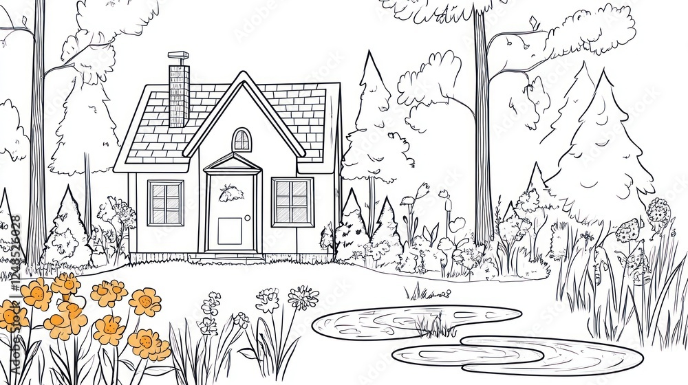 Obraz premium Cottage in woods, pond, flowers, peaceful scene, nature illustration