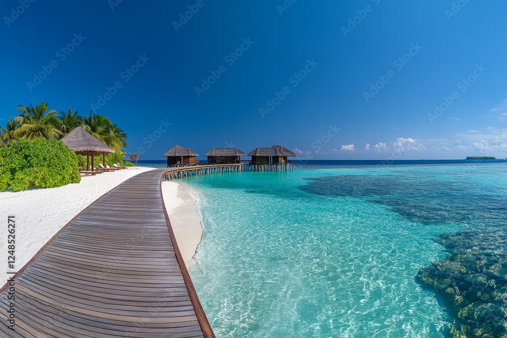 Tropical overwater bungalows on pristine beach, Maldives Tropical overwater bungalows on pristine beach, Maldives