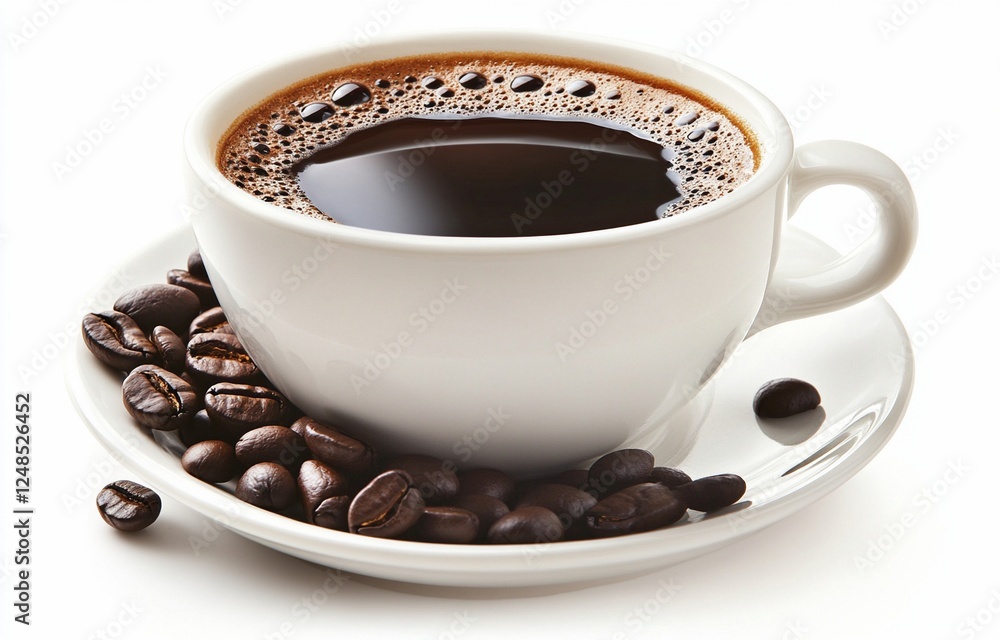 A heated coffee cup and coffee beans on a white backdrop A heated coffee cup and coffee beans on a white backdrop