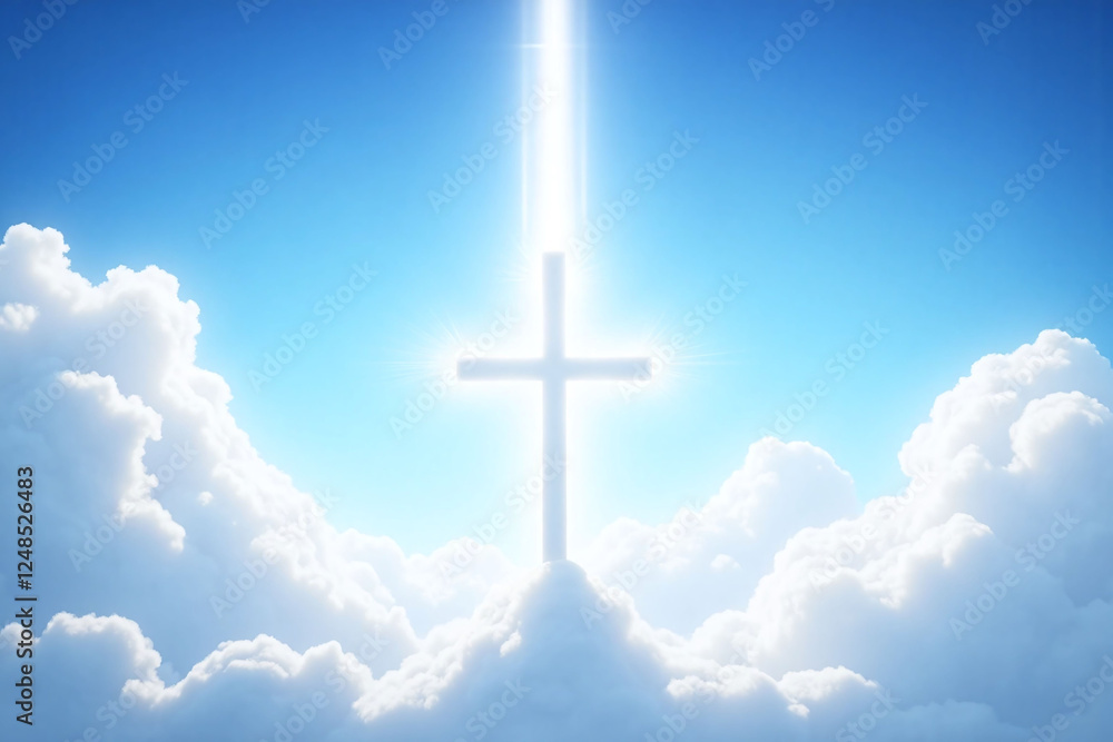 radiant white cross in sky with fluffy white clouds and gradient blue hues radiant white cross in sky with fluffy white clouds and gradient blue hues