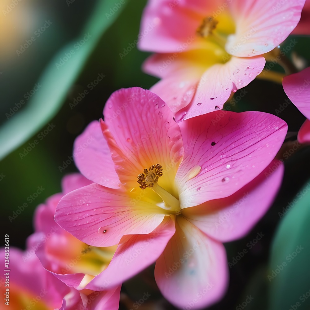 Delicate Pink Hibiscus Blossom with Dewdrops in Soft Natural Light Delicate Pink Hibiscus Blossom with Dewdrops in Soft Natural Light