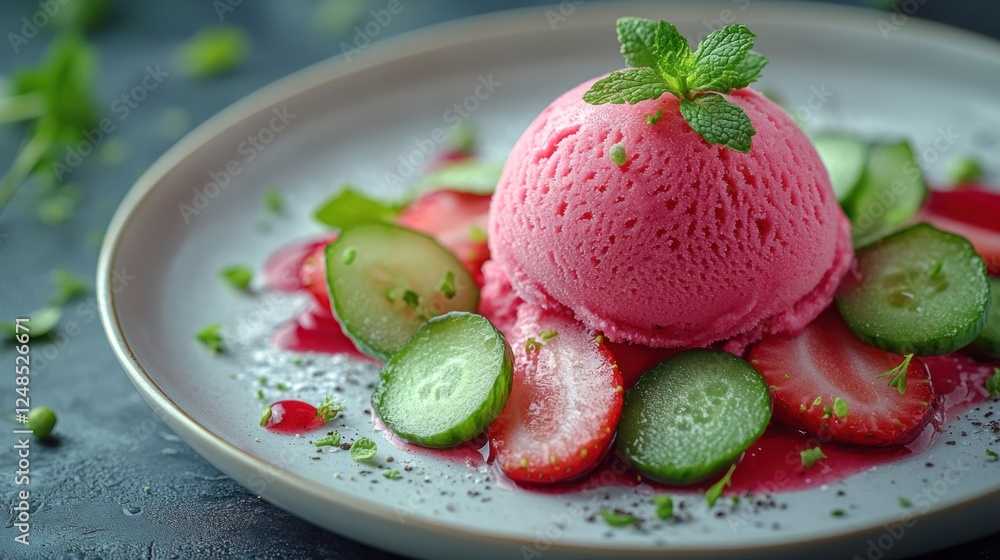 Pink Strawberry Ice Cream Dessert, Cucumbers, Mint Pink Strawberry Ice Cream Dessert, Cucumbers, Mint
