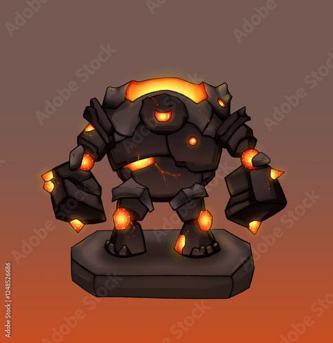 isolated stone golem with magma with a gradient for video game