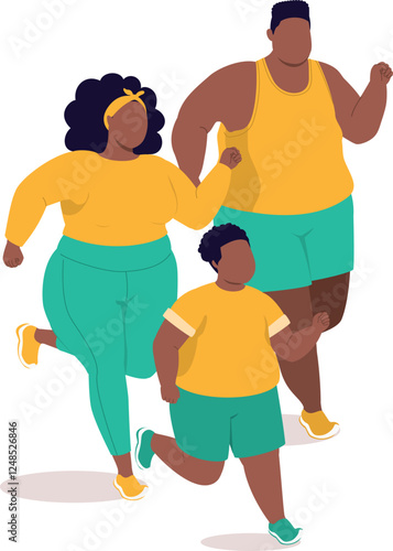 Overweight Black Family With One Little Son In Activewear Jogging Together.