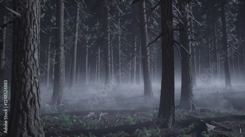 Dark Forest at Night Covered in Mystical Fog | Slow Cinematic Shot | Eerie Woodland Atmosphere | Dense Mist Floating Through Trees | Mysterious and Haunting Ambience | Spooky Nighttime Wilderness 