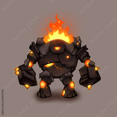 isolated stone golem with magma and fire on brown background for video game