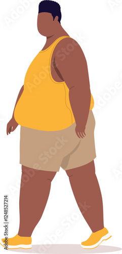 Side View Of One Overweight Black Man In Sports Clothing Walking.