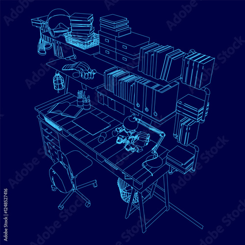 A blue drawing of a desk with a chair and a computer. The desk is cluttered with books and other items, and there is a robot on the desk. Scene is somewhat chaotic and disorganized