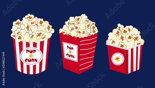 Popcorn. Set box with popcorn. Red pack with popcorn for cinema or movie. Flat food vector illustration.